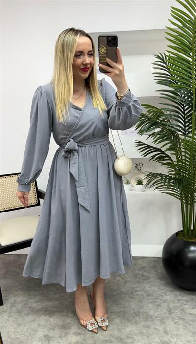 Prenses Model Beli Lastikli Elbise Gri