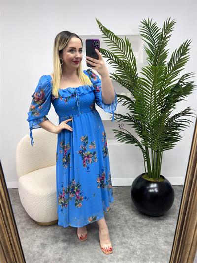 Prenses Model Mavi Şifon Elbise