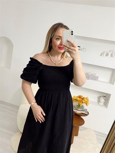 Prenses Model Pamuk Keten Elbise Siyah