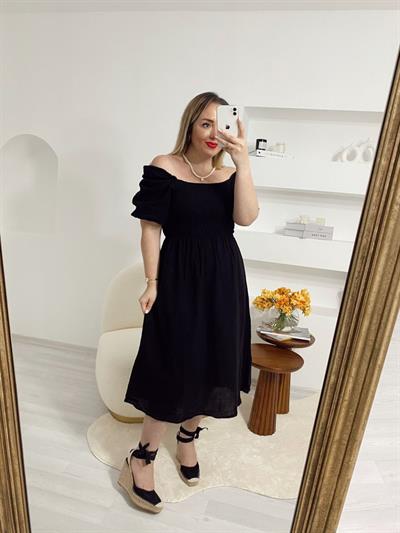 Prenses Model Pamuk Keten Elbise Siyah