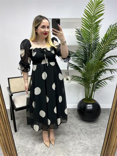 Prenses Model Puantiyeli Şifon Elbise