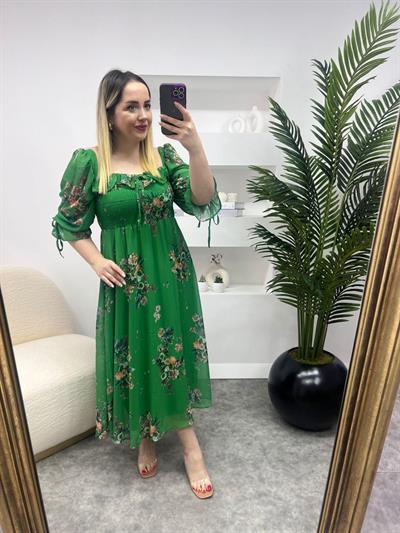 Prenses Model Yeşil Şifon Elbise