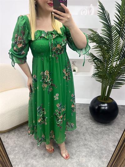 Prenses Model Yeşil Şifon Elbise