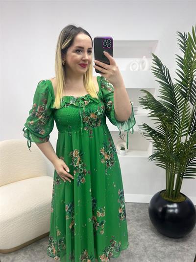 Prenses Model Yeşil Şifon Elbise
