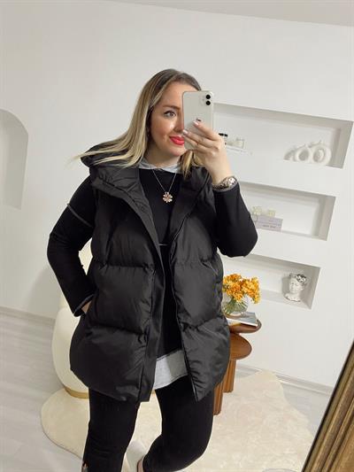 Puffy Şişme Kapüşonlu Yelek Siyah