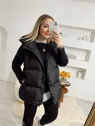 Puffy Şişme Kapüşonlu Yelek Siyah