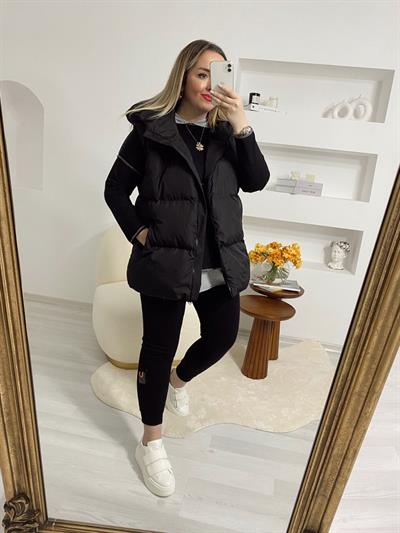 Puffy Şişme Kapüşonlu Yelek Siyah