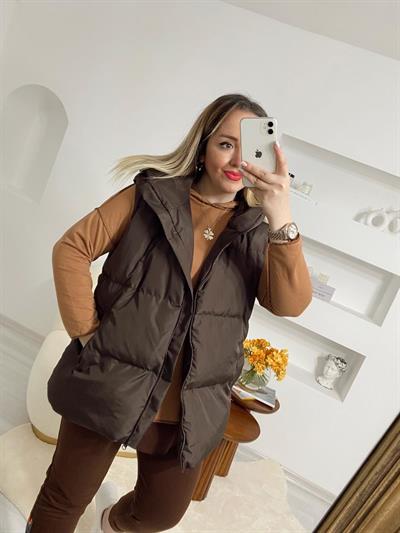 Puffy Şişme Yelek Kapüşonlu Acı Kahve