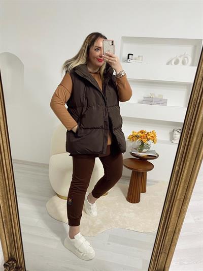 Puffy Şişme Yelek Kapüşonlu Acı Kahve