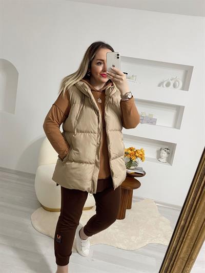 Puffy Şişme Yelek Kapüşonlu Bej