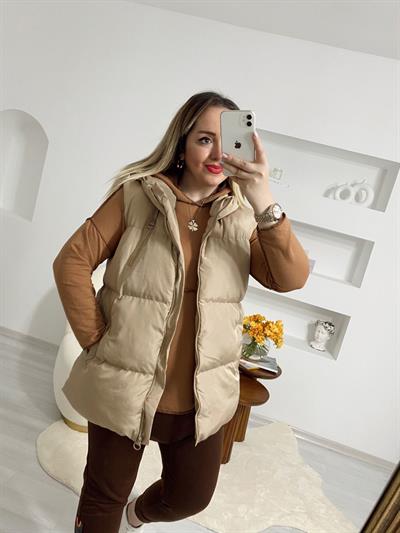 Puffy Şişme Yelek Kapüşonlu Bej