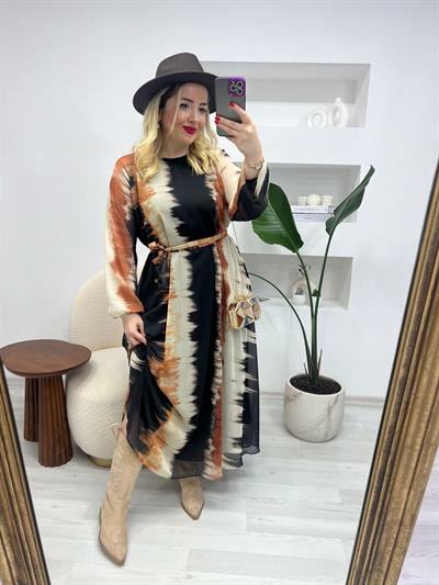 Rahat Kalıp Şifon Desenli Maxi Elbise
