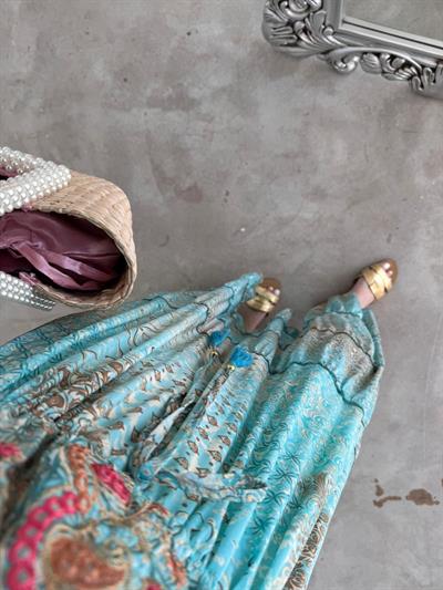 Riva Beli Lastıklı Yaka Taşlı İthal Elbise  Su Yeşili