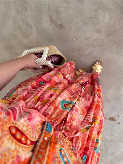 Riva Beli Lastıklı Yaka Taşlı İthal Elbise Turuncu