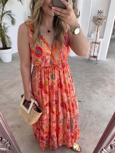 Riva Beli Lastıklı Yaka Taşlı İthal Elbise Turuncu