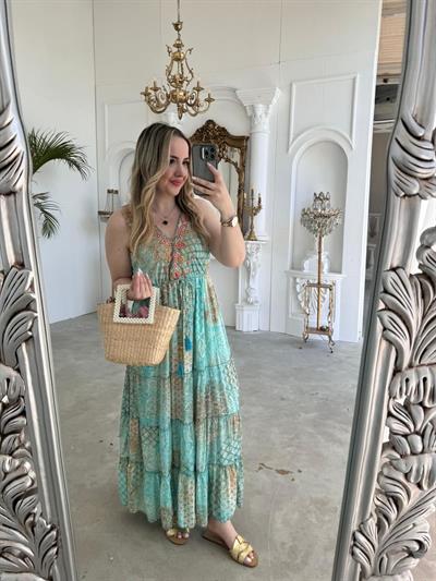 Riva Beli Lastıklı Yaka Taşlı İthal Elbise  Su Yeşili