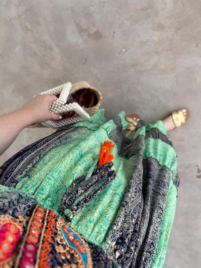 Riva Beli Lastıklı Yaka Taşlı İthal Elbise Yeşil Siyah Desenli