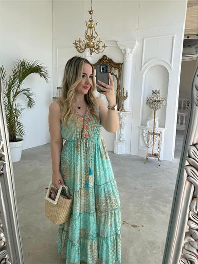 Riva Beli Lastıklı Yaka Taşlı İthal Elbise  Su Yeşili