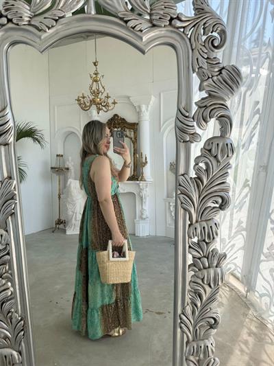 Riva Beli Lastıklı Yaka Taşlı İthal Elbise  Kahve -Yeşil Desenli