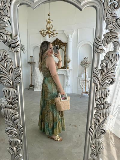 Riva Beli Lastıklı Yaka Taşlı İthal Elbise Sarı -Mint Yeşil