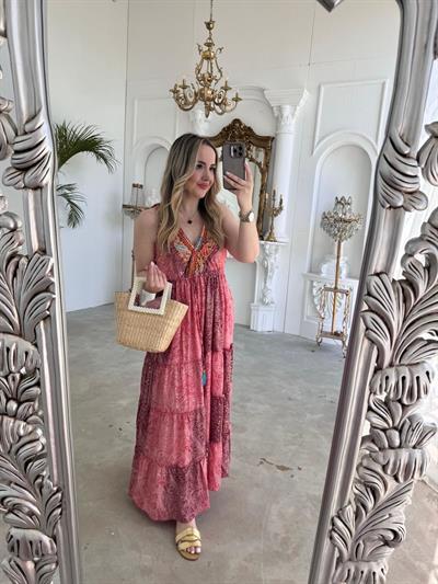 Riva Beli Lastıklı Yaka Taşlı İthal Elbise Koyu Pembe