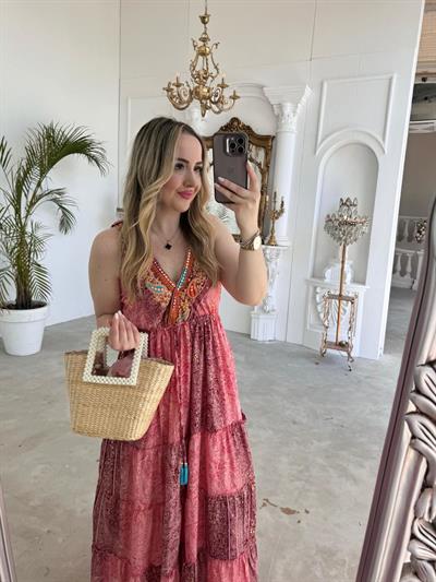 Riva Beli Lastıklı Yaka Taşlı İthal Elbise Koyu Pembe