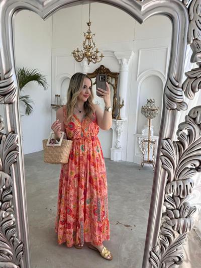 Riva Beli Lastıklı Yaka Taşlı İthal Elbise Turuncu