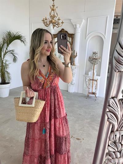 Riva Beli Lastıklı Yaka Taşlı İthal Elbise Koyu Pembe