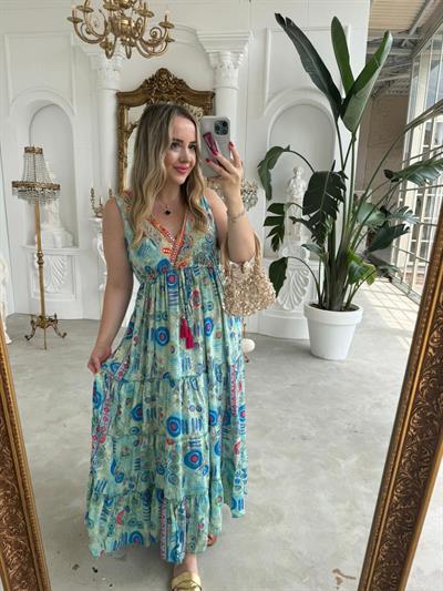 Riva Beli Lastıklı Yaka Taşlı Nazar Boncuk Desenli Mavi