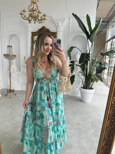 Riva Beli Lastıklı Yaka Taşlı Nazar Boncuk Desenli Yeşil