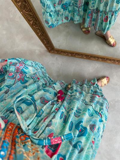 Riva Beli Lastıklı Yaka Taşlı Nazar Boncuk Desenli Yeşil