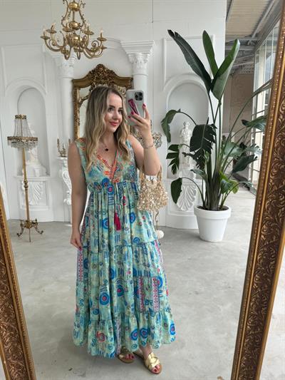 Riva Beli Lastıklı Yaka Taşlı Nazar Boncuk Desenli Mavi