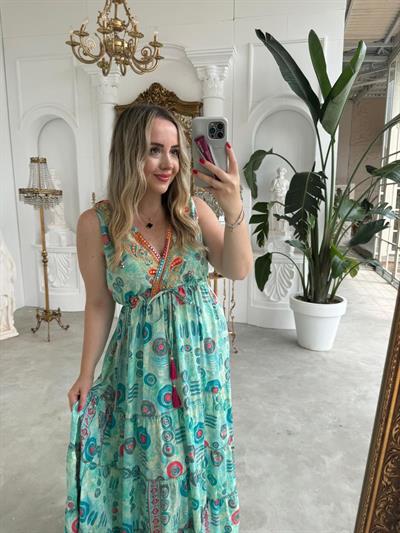 Riva Beli Lastıklı Yaka Taşlı Nazar Boncuk Desenli Yeşil