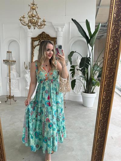 Riva Beli Lastıklı Yaka Taşlı Nazar Boncuk Desenli Yeşil