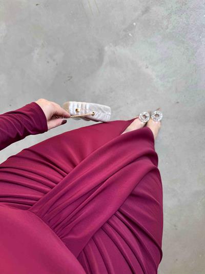 Rose Düğüm Detaylı Vatkalı Tasarım Elbise Bordo