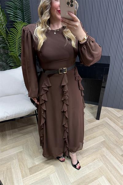 Rowena Kemerli Tasarım Şifon Elbise Acı Kahve