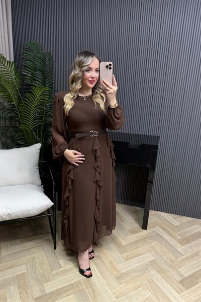 Rowena Kemerli Tasarım Şifon Elbise Acı Kahve
