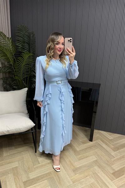 Rowena Kemerli Tasarım Şifon Elbise Bebe Mavi