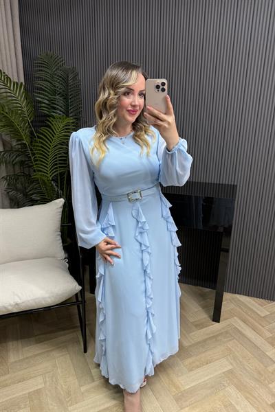 Rowena Kemerli Tasarım Şifon Elbise Bebe Mavi