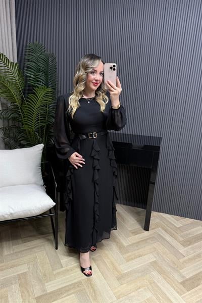 Rowena Kemerli Tasarım Şifon Elbise Siyah
