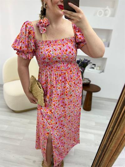 Saç Tokalı Pembe Desenli Lily Elbise