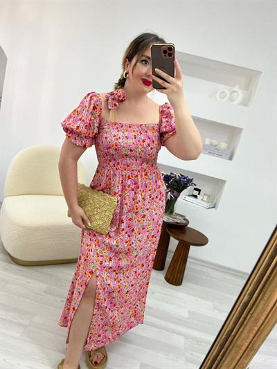 Saç Tokalı Pembe Desenli Lily Elbise