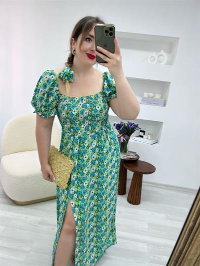 Saç Tokalı Yeşil Desenli Lily Elbise