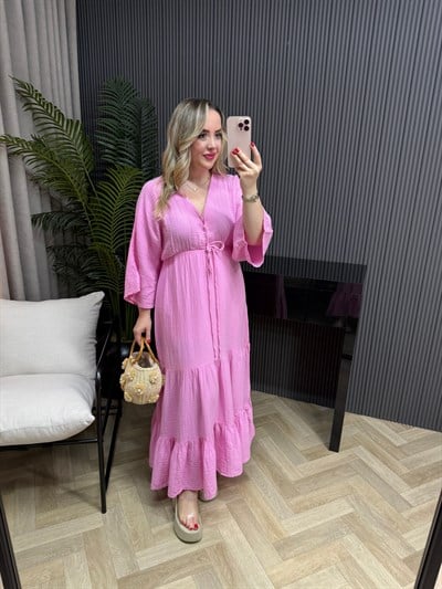 Sahra Yarım Kol Müslin Elbise Pembe