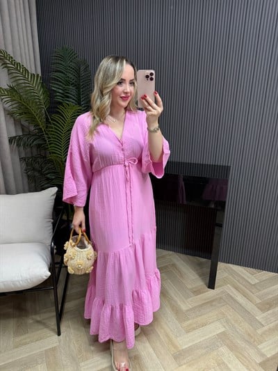 Sahra Yarım Kol Müslin Elbise Pembe
