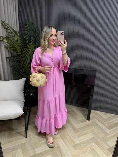 Sahra Yarım Kol Müslin Elbise Pembe
