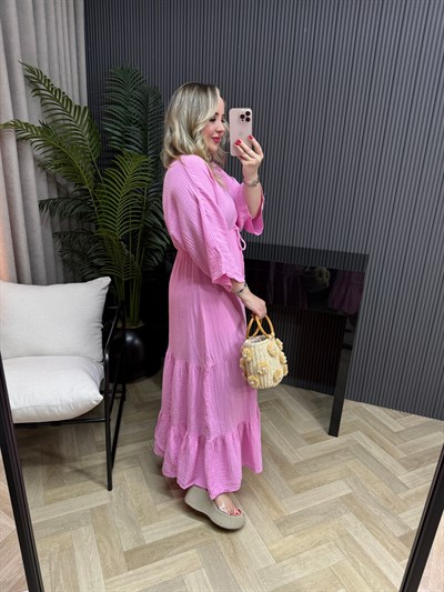 Sahra Yarım Kol Müslin Elbise Pembe