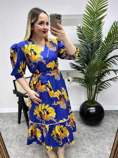 Saks Renk Eteği Firfir Poplin Balon Kol Elbise