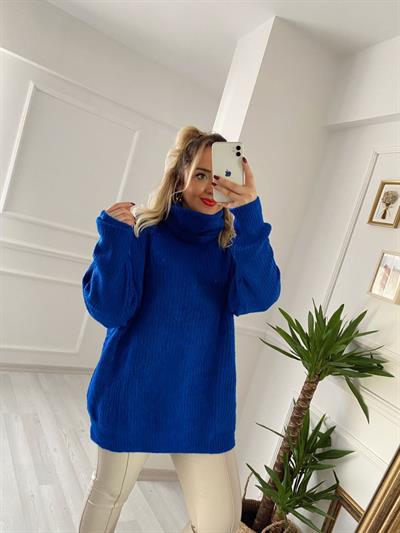 Şal Yaka Saks Mavi Triko Kazak