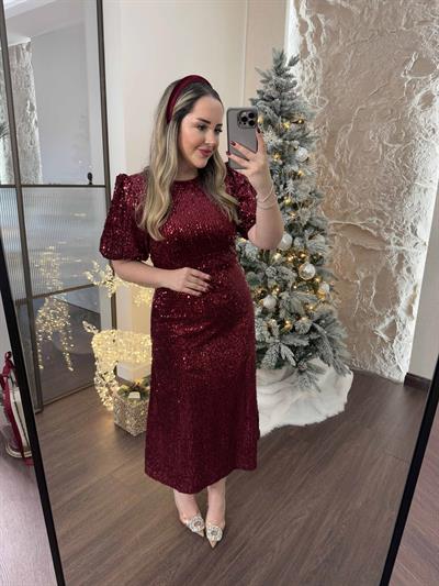 Sandra Payet Balon Kol Midi Tasarım Payet Elbise Bordo
